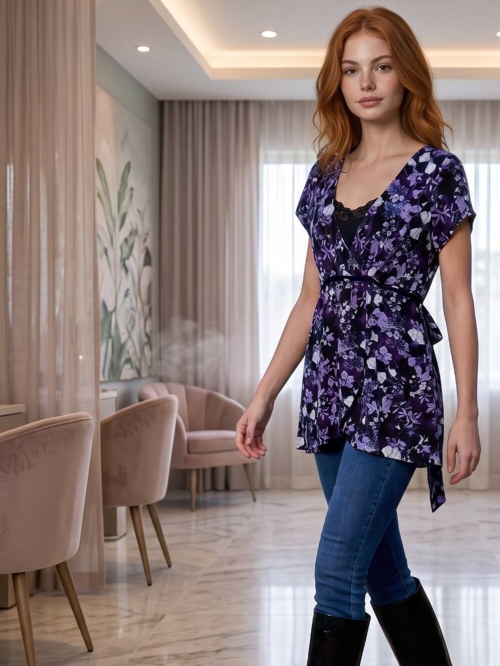 Studio 1940 Purple White Black Floral Short-sleeve Tie-back Layered Cami Blouse